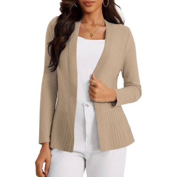 Sweaters - Women's Casual Open Front Sweater Long Sleeve Rib Knit Draped Cardigan Sweater